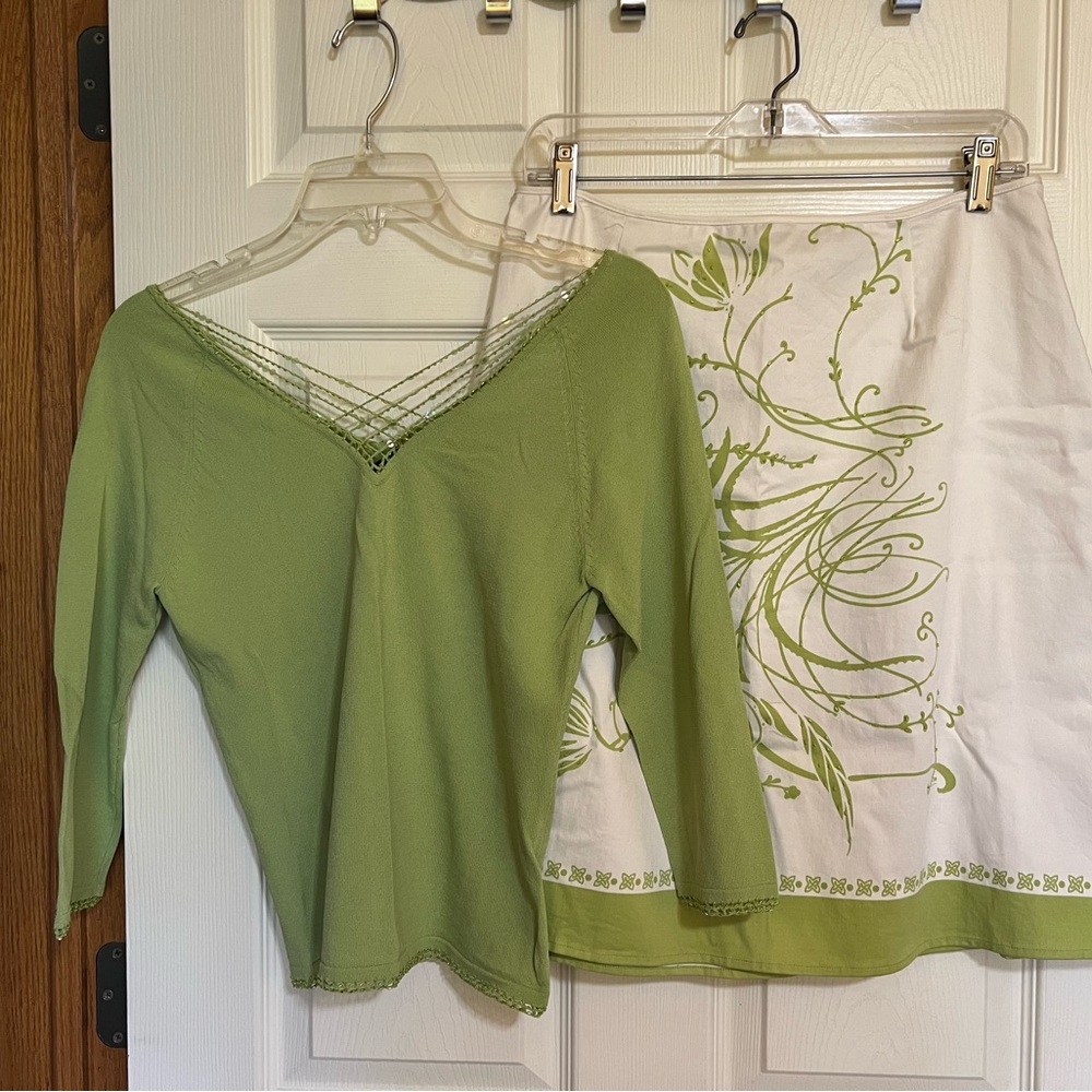 Green V-Neck Women's Top & White Skirt